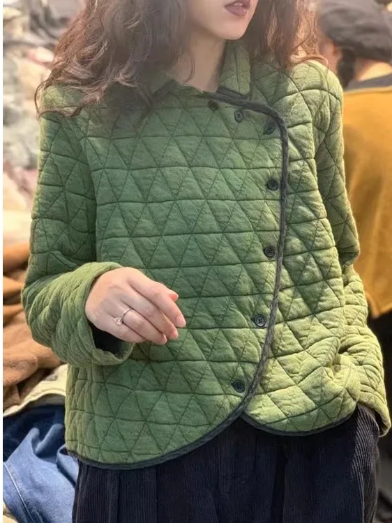 

Ele Thiened Хлопковая куртка Осень-зима Ladylike Sle для поездок на работу Свободная посадка Цветной контрастный узор Верхняя одежда Пальто