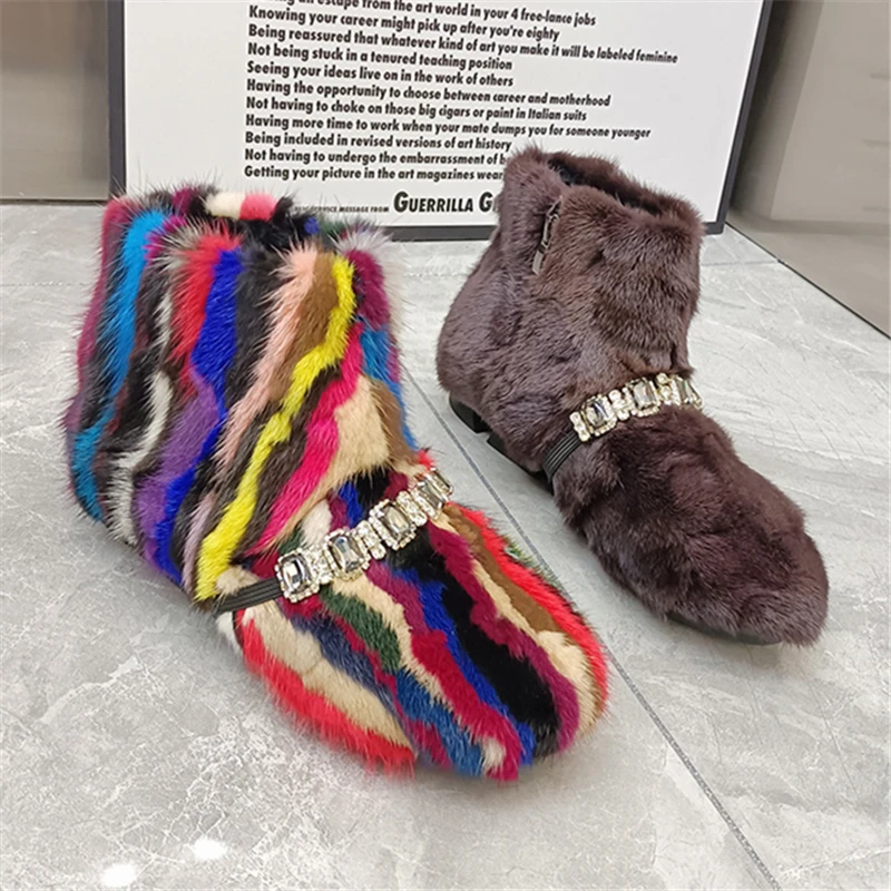 Colorful Mink Fur Snow Boots Thick Sole Platform Creepers Skidproof Flat Shoes 2024 New Winter Warm Furry Botas Femininas Plush