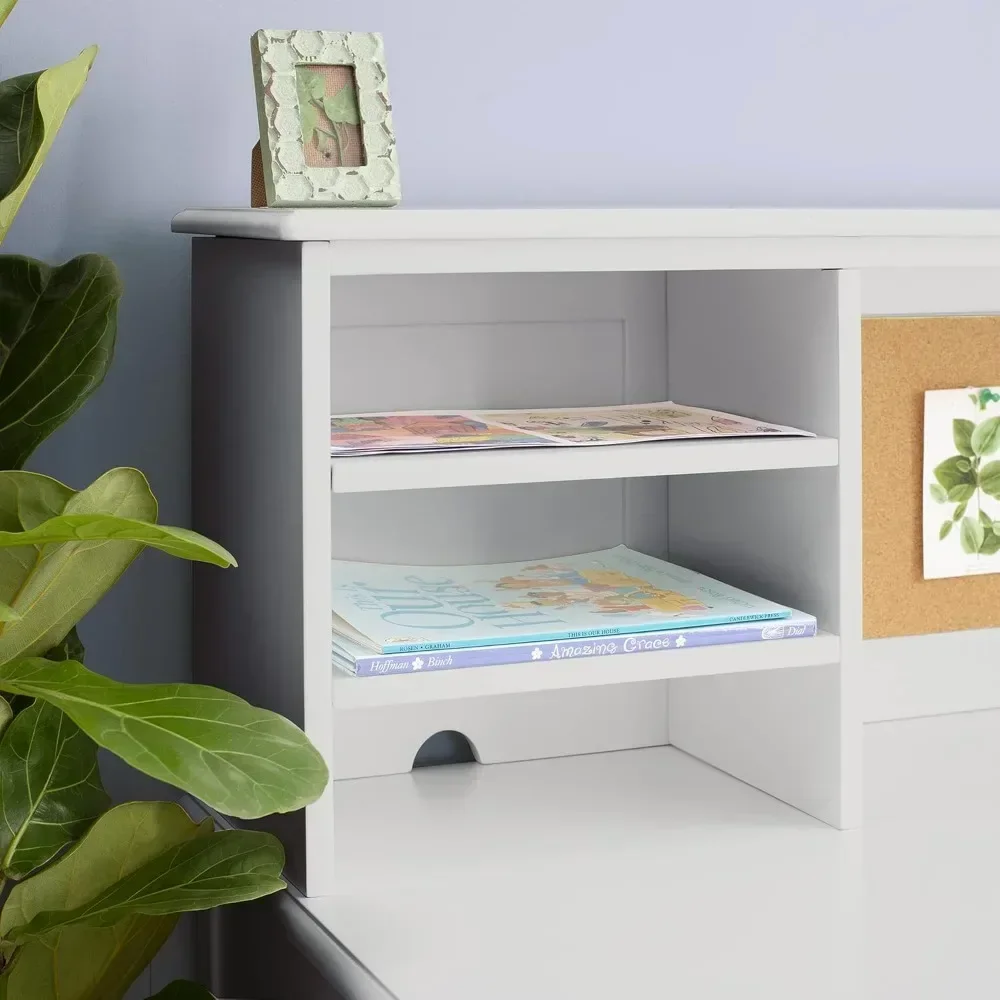 Kids Study Desk, Hutch and Chair - Gray: Kids Wooden Computer with Storage Shelves, Corkboard, and Drawers, Kid Study Desk Set