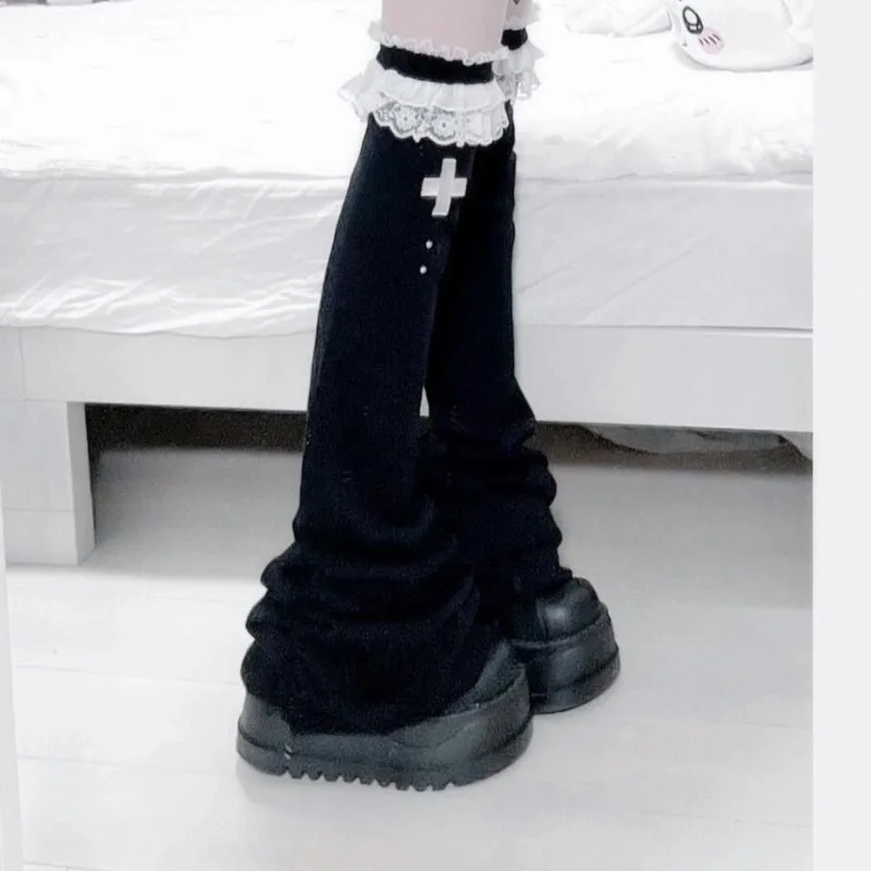 Japanese Dark Black Lace Lolita Wide Leg Socks Beautiful Legs Shaping Over-the-Knee Stacked Flared Slim High Tube Leg Warmers