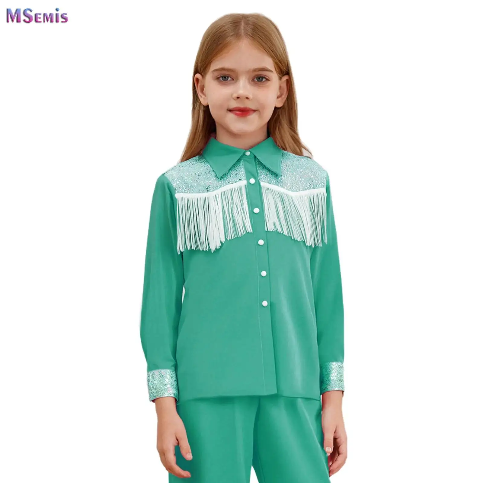 

Kids Girls Western Cowgirl Costume T-shirt Lapel Long Sleeves Button-down Sequins Fringe Shirt Tops Halloween Dress Up Costume