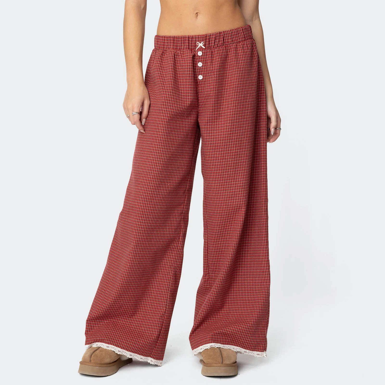 

Women Fashion Lace Trim Wide Leg Pants Vintage Elastic Waist Loose Plaid Pants Casual Trousers Streetwear