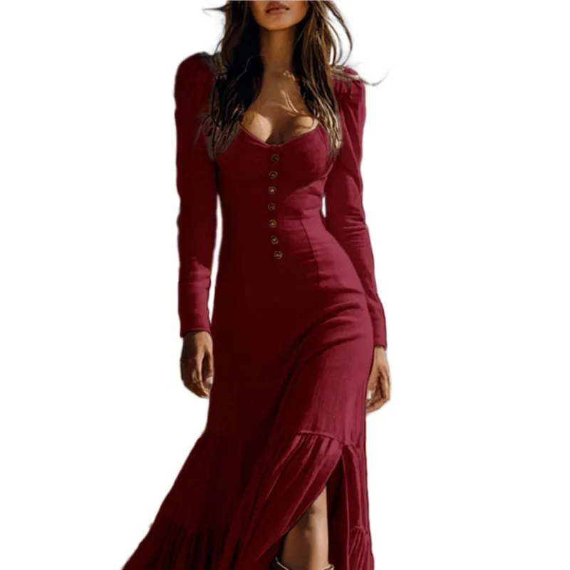 Herbst U Neck Low-cut Taste Gefaltete Lange Kleider Frau Fashion Solid Split Boho Kleid Vintage Schlank Passt Maxi kleid Vestidos