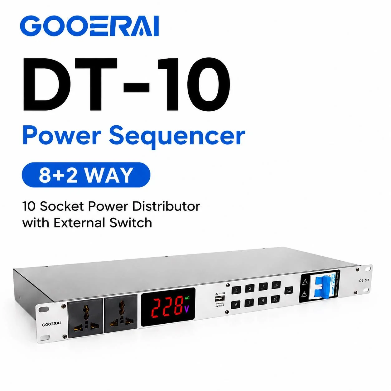 GOOERMI DT10 8+2 Ways 10 Sockets Power Sequencer with External Switch/Each Channel with Switch