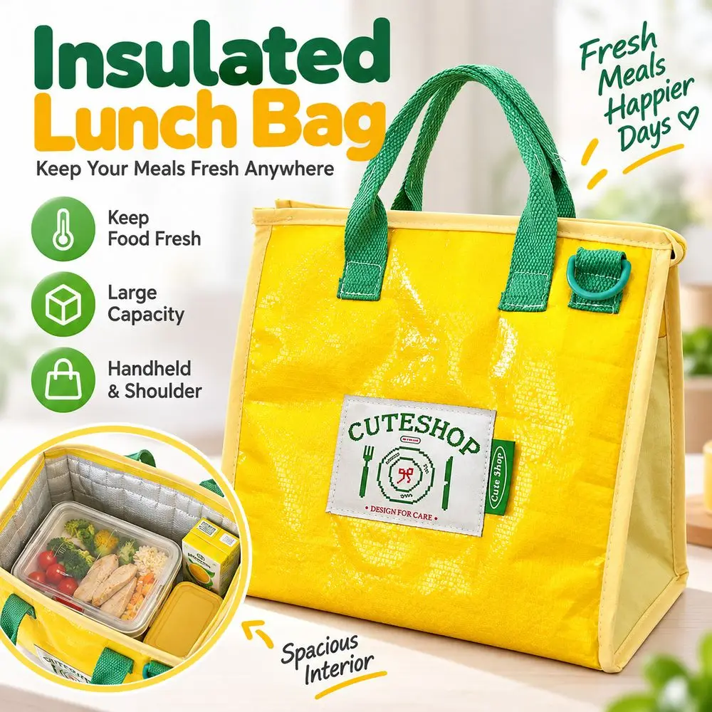 Foil Lining Insulated Lunch Bag Zipper Closure Adjustable Shoulder Strap Lunch Tote Bag Foldable Carry Handles