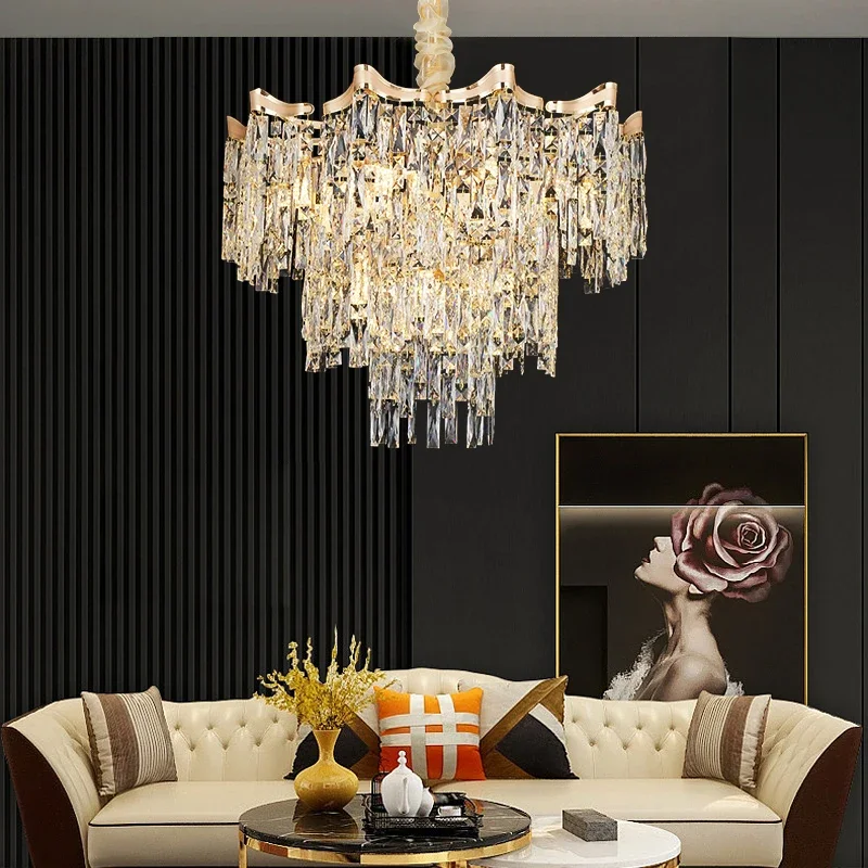 Luxurious crystal chandeliers decorate the living room and are used for villa lighting, kitchen island lighting