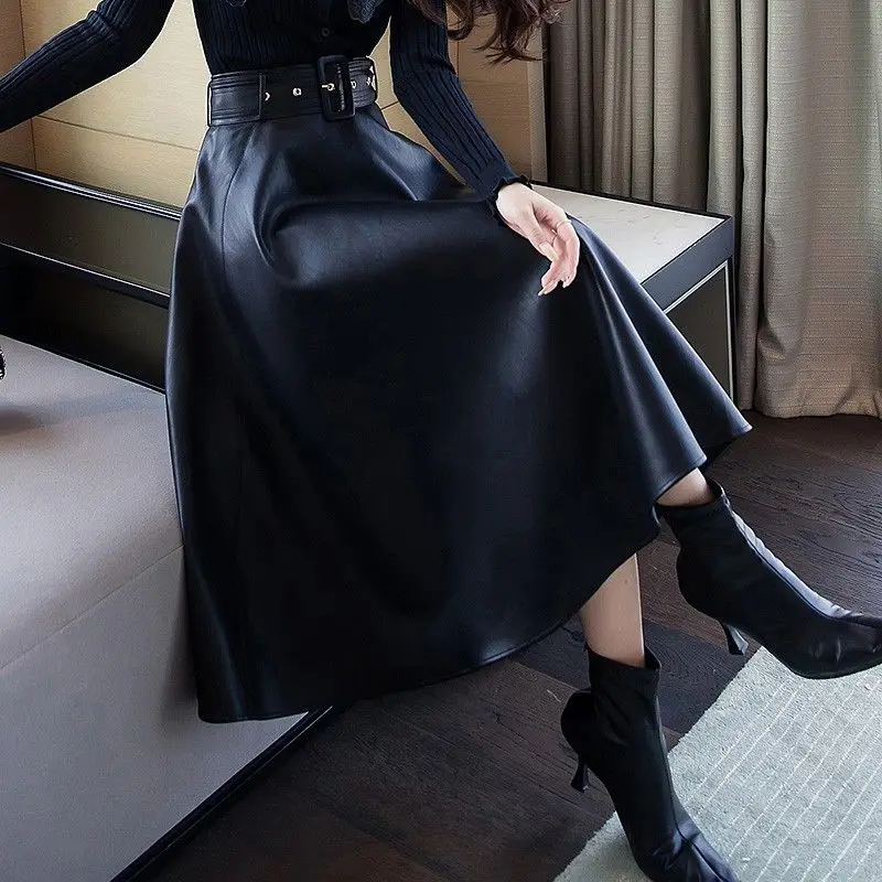 Leather  half body mid to long length, 2024 spring slim, big swing A-line  high waist umbrella  autumn and winter half skirt