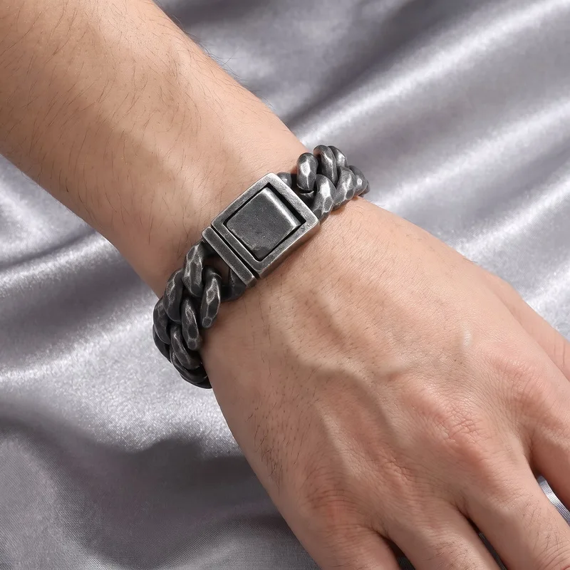 Stainless Steel Cuban Chain Men's Bracelet Rock Street Trendy Chunky Jewelry Boiled Black Thick Chain Accessories
