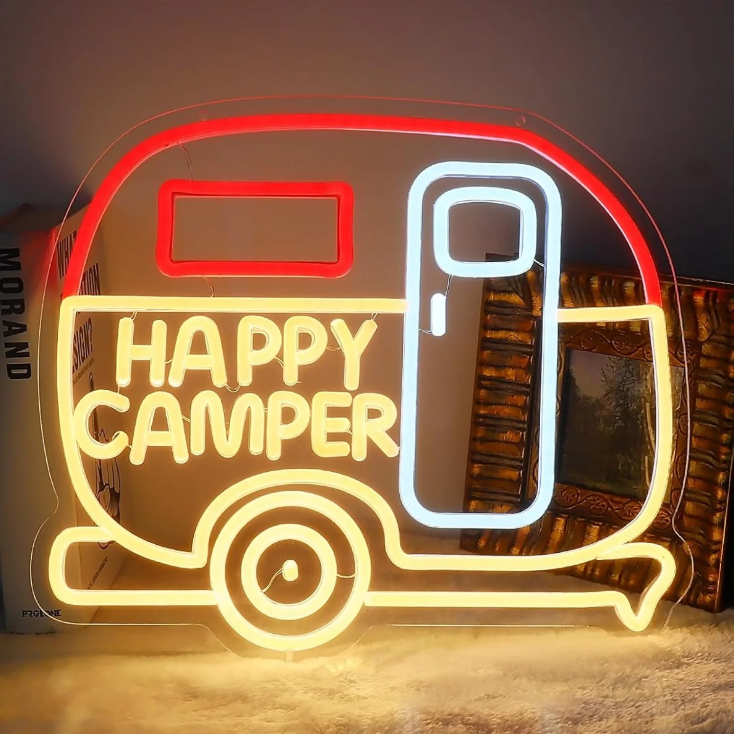 Camper] Neon Happy Camper Sign Camping Car Sign for Wall Decor Suitable for RV Decoration, Party, Birthday, Christmas