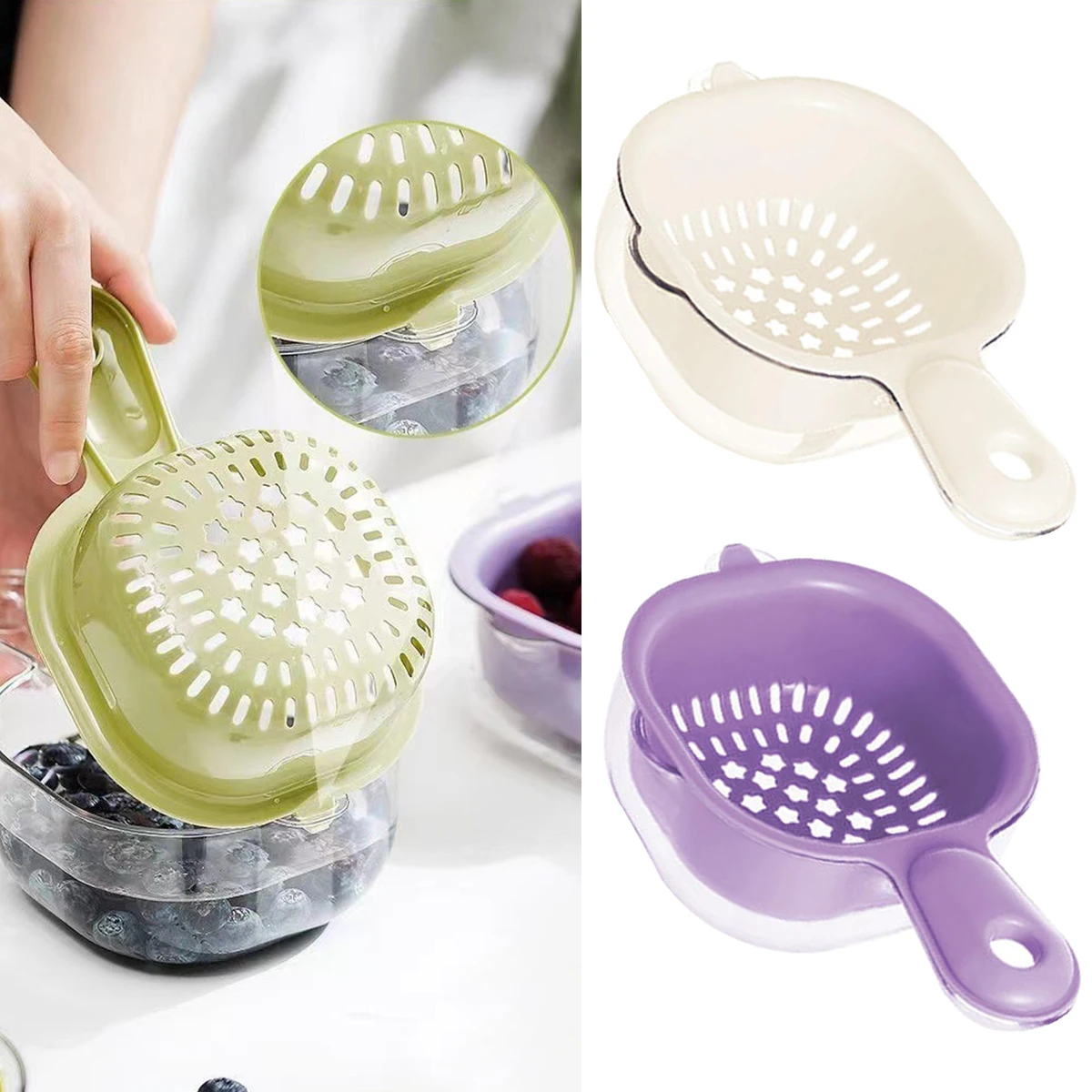 

1pcs Kitchen Fruit Vegetable Strainer Dual-Layer Veggie Colander Draining Basket with Handle Removable Fruit Tray Household