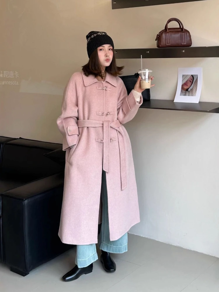 الشتاء النساء معطف الصوف دمية طوق صف واحد واق من المطر على الوجهين الصوف سترات فضفاضة الخصر الدانتيل متابعة رشاقته معطف طويل خندق