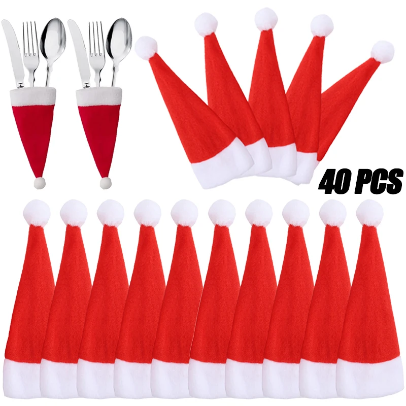 40PCS Mini Christmas Hat Christmas Knife & Fork Set Wine Bottle Set Hat Knife & Fork Storage Bag Christmas Decorations