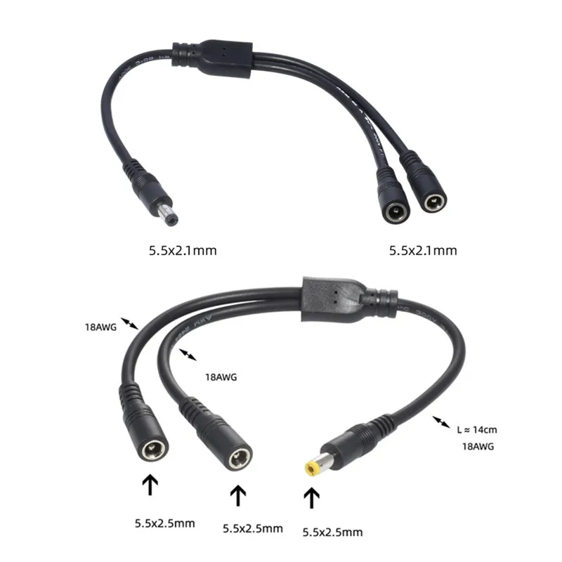 2 way DC Power adapter Cable 5.5mmx2.1mm/5.5mmx2.5mm 1 male to 2 female Splitter connector Plug extension for CCTV LED strip