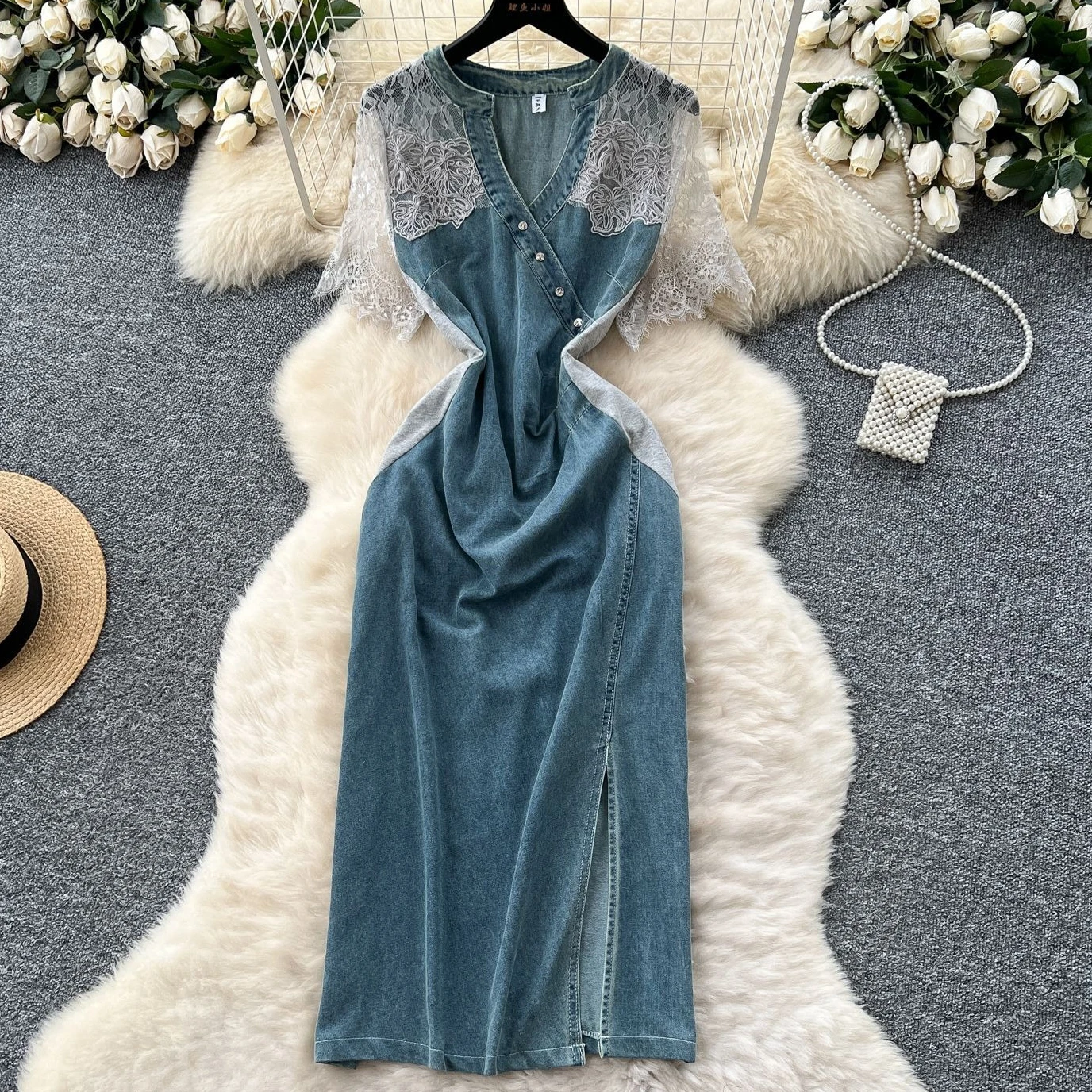 

Long Dress Women Denim Dresses High Waist Vestidos V Neck Short Sleeve Lace Elegant Jeans Y2k Streetwear Work Summer 2025