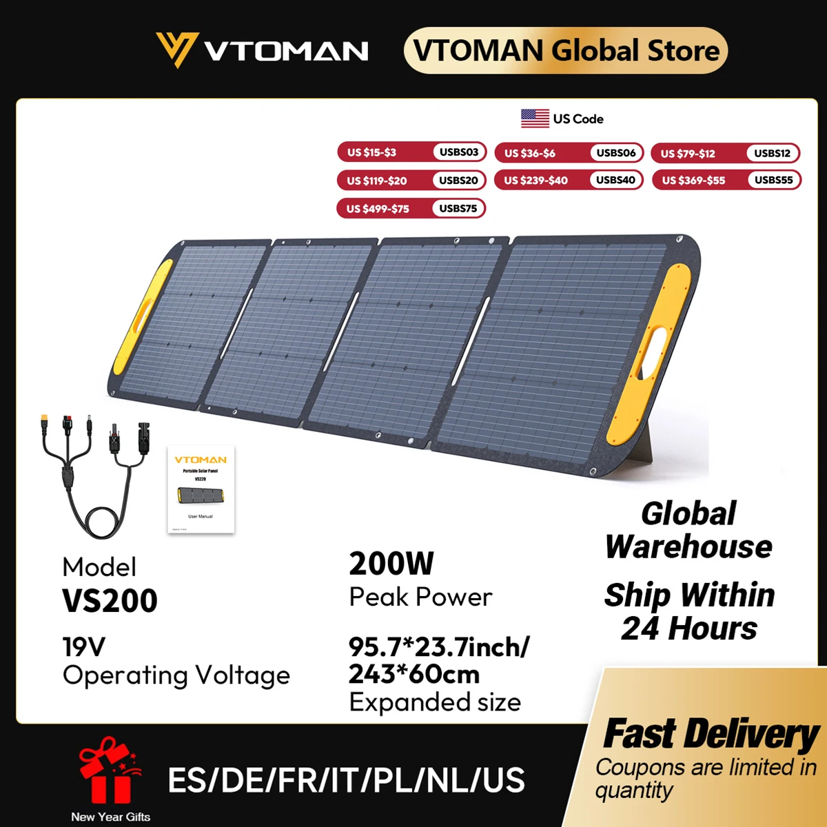 VTOMAN VS200 Rigid Foldable 200W Solar Panel Kit, 19V High Efficiency Portable Solar Charger, Ideal for Travel, Smartphone, Boat, RV, Camping & Outdoor Power Station