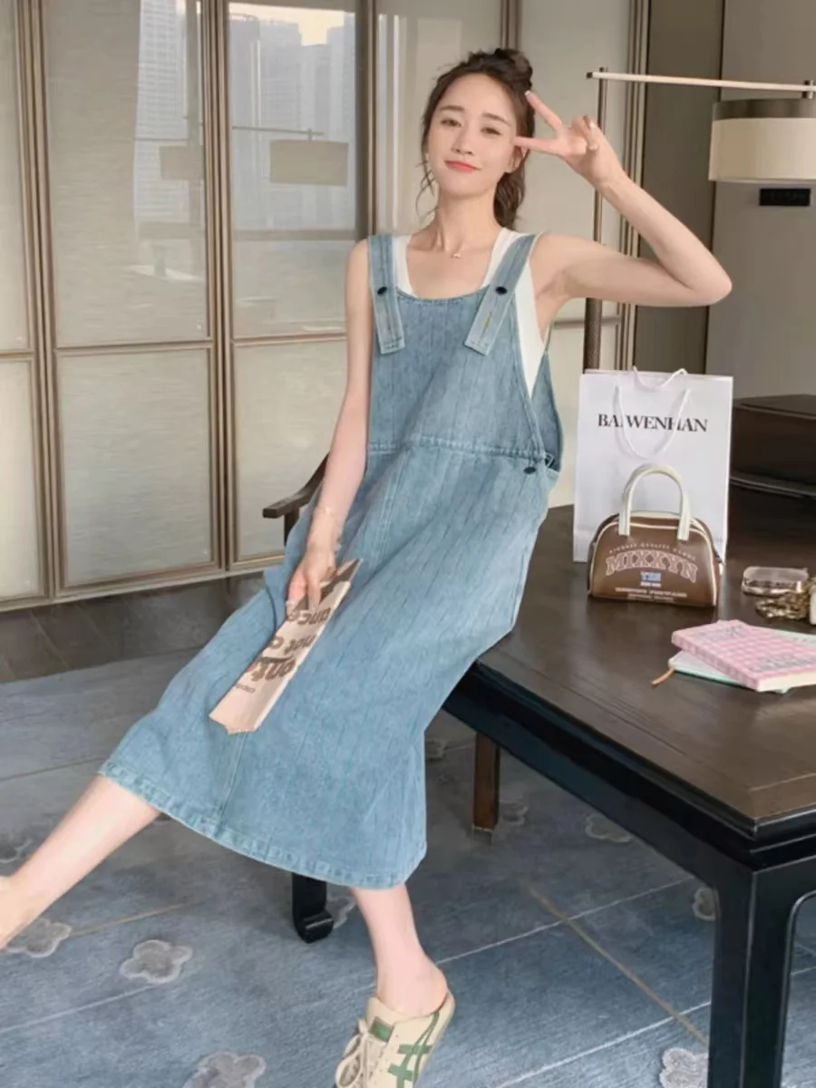 Abito bavaglino in Denim a righe blu chiaro maternità estate moda tuta allentata vestiti per donne incinte 24SS Y2k gravidanza giovanile