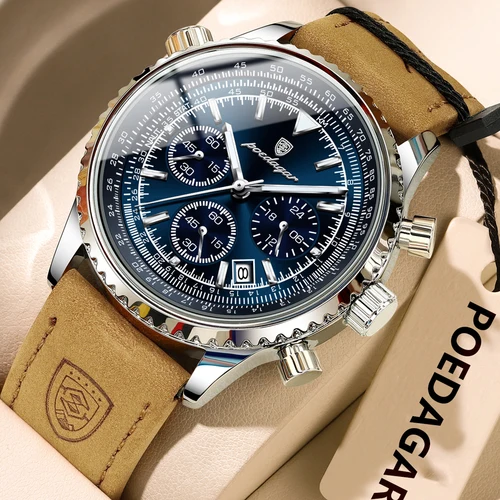 Imagen 2 del producto Reloj POEDAGAR Original para hombre, cronógrafo con fecha, resistente al agua, luminoso, de lujo, reloj de pulsera para hombre, relojes de cuarzo de cuero de moda para hombre