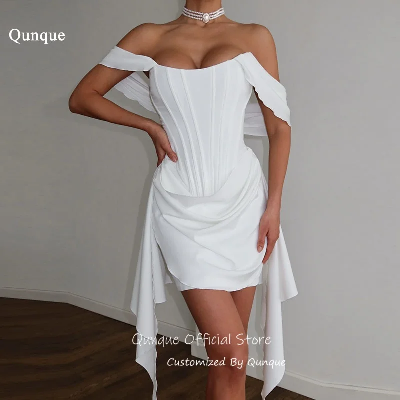 

Qunque Off Shoulder Backless Prom Dresses Short Pleated Homecoming Dresses Satin Lace Up Back Cocktail Party Gowns Customized
