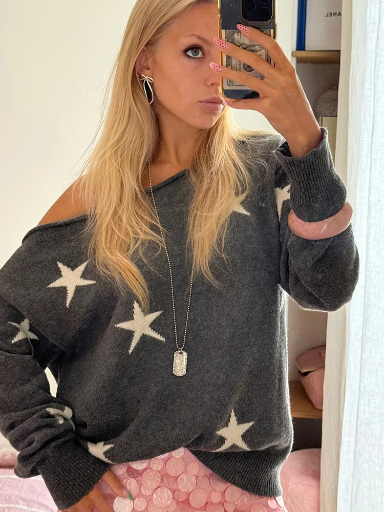 Ticketsx Fashion Off Shoulder Knit Top Women Elegant Slash Neck Patchwork Contrast Top Casual Loose Street Female Vacation Top