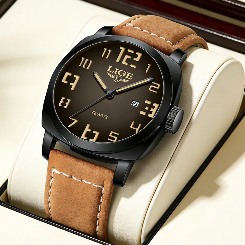 

LIGE Luxury Man Watch Waterproof Luminous Date Leather Men Quartz Wristwatch Military Sports Men's Watches Creative Number Clock