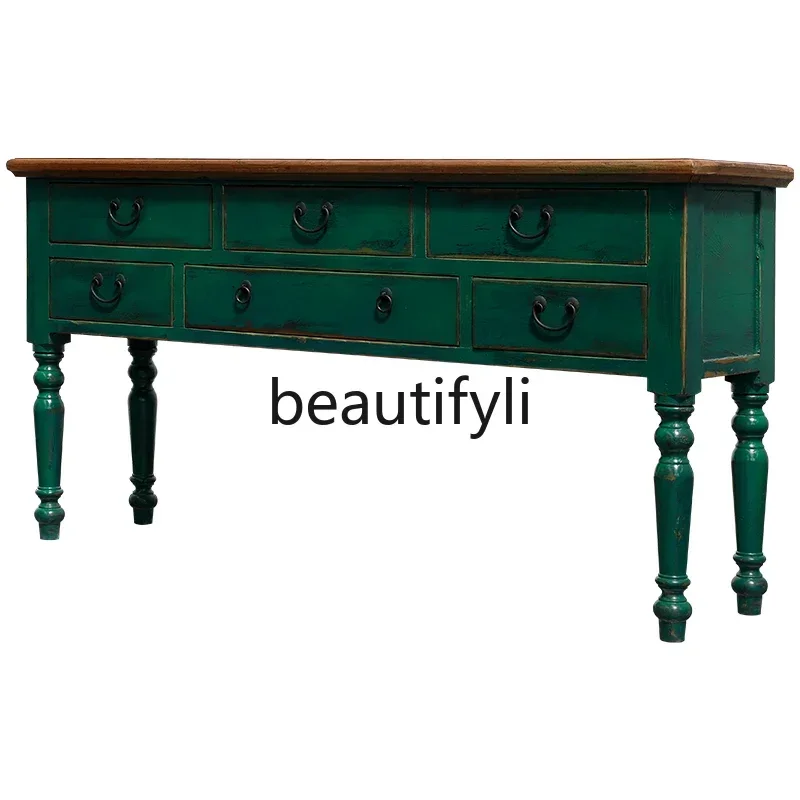 

zx1Quaint lacquer drawer storage locker American-European retro old pine, solid wood porch table