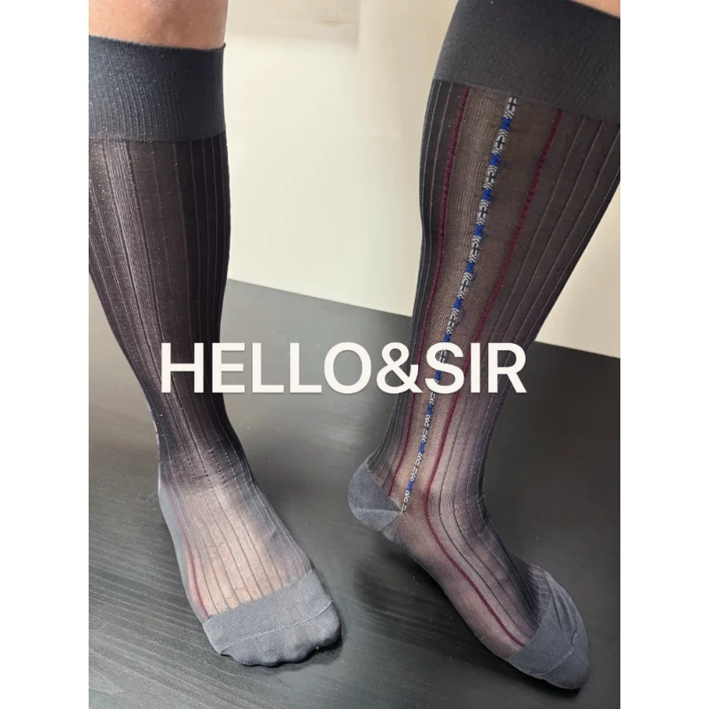 New Brand Men Socks Man Knee High Business Sheer Formal Dress Socks Large Elastic Calf Sexy Transparent Stripe Business TNT Sock view 5