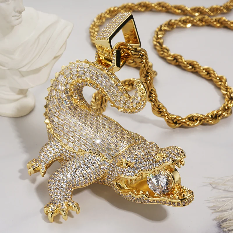 Iced Out 3D Crocodile Pendant Necklace for Men, CZ Hip Hop Bling Jewelry, Rapper Style Rope Chain Gift