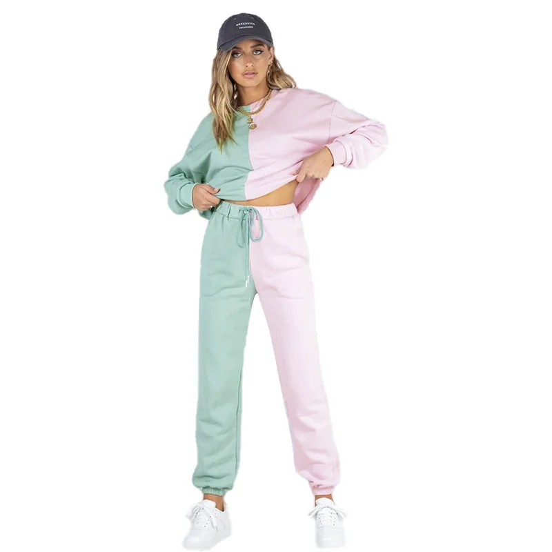 Tuta da donna tuta o-collo felpa Set da due pezzi donna primavera nuovi Set di pantaloni sportivi a vita alta Patchwork simmetrico femminile