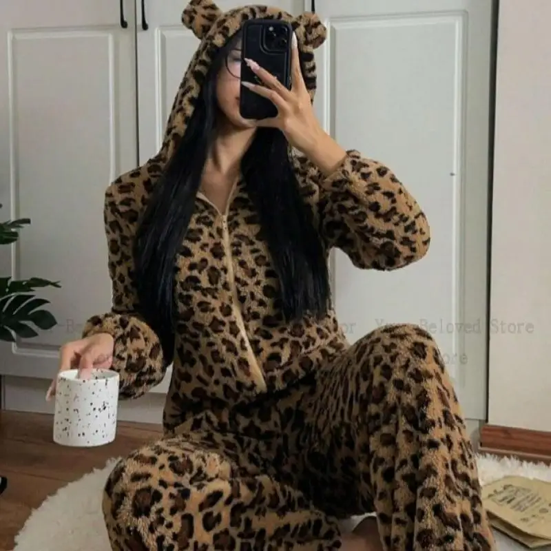 Autumn Winter Unisex Leopard Onesie Pajamas Hooded Zip Up One Piece Sleepwear Long Sleeve Long Pants Loungewear