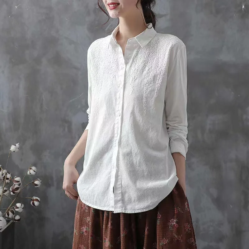 Cotton White Embroidered Long Sleeve Tops Women Shirt New 2024 lapels Buttons Casual Fashion Wild Blouse Female Clothes