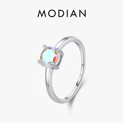 MODIAN 925 Sterling Silver Minimalist Rainbow Colorful Round Zirconia Rings Classic Wedding Statement Jewelry For Women Gift