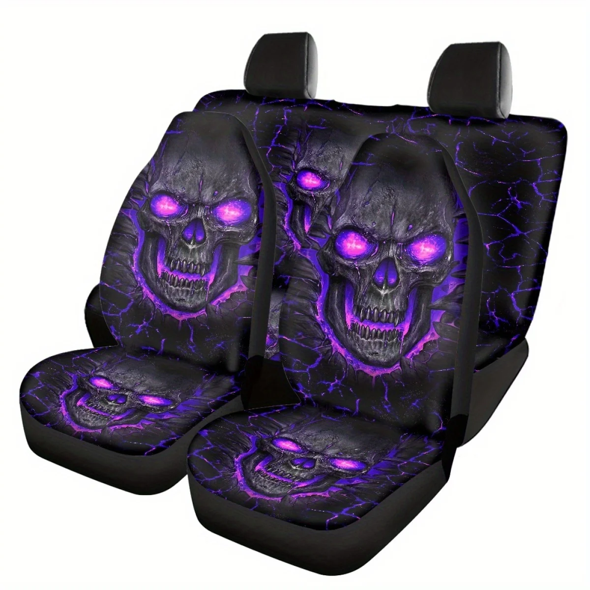 5seat Purple Skull Premium Printed Car Seat Covers, Polyester Fiber, Breathable, Durable, No Filler, Woven, Universal Fit, Easy