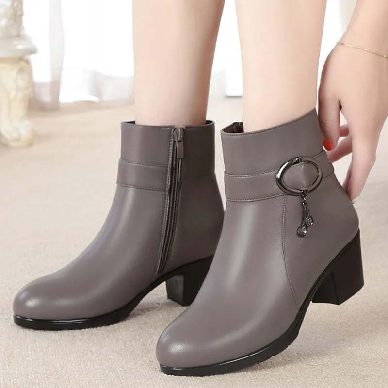 Winter Genuine Leather Women Boots Thick Wool Warm Women High-heeled Boots High Quality Female Snow Boots Fashion Women Shoes 43