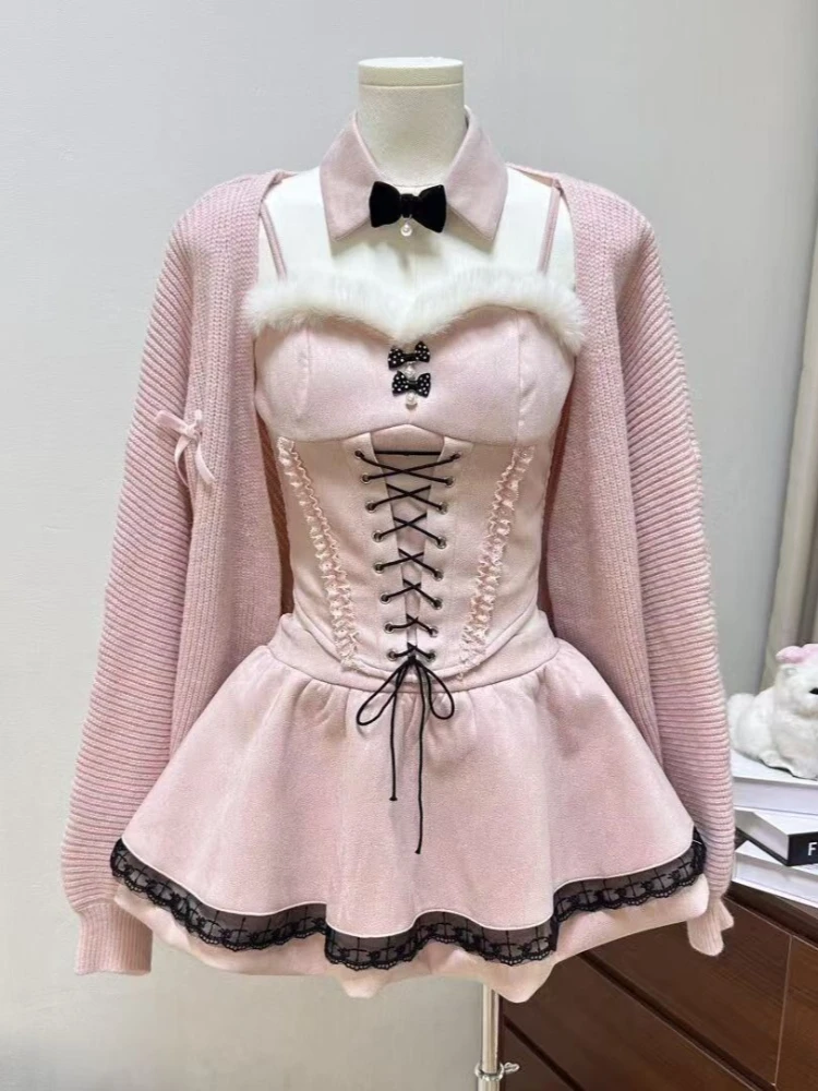 New France Sweet Pink Sling 2-piece Set Women Kawaii Design Lace Bow Slim Camisole + Lovely High-waist Cake Short Skirt Outfits