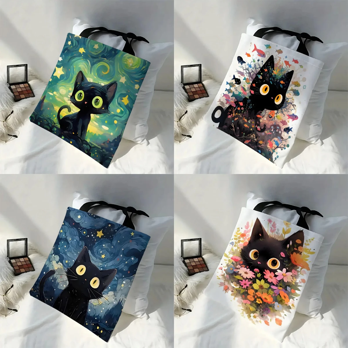 30 x 35 cm Van Gogh schwarze Katze-Einkaufstasche, Blume, tragbar, lässig, Öko-Handtasche, Einkaufstasche, Design, Bücher und Alltagsgebrauch, Schulhandtasche