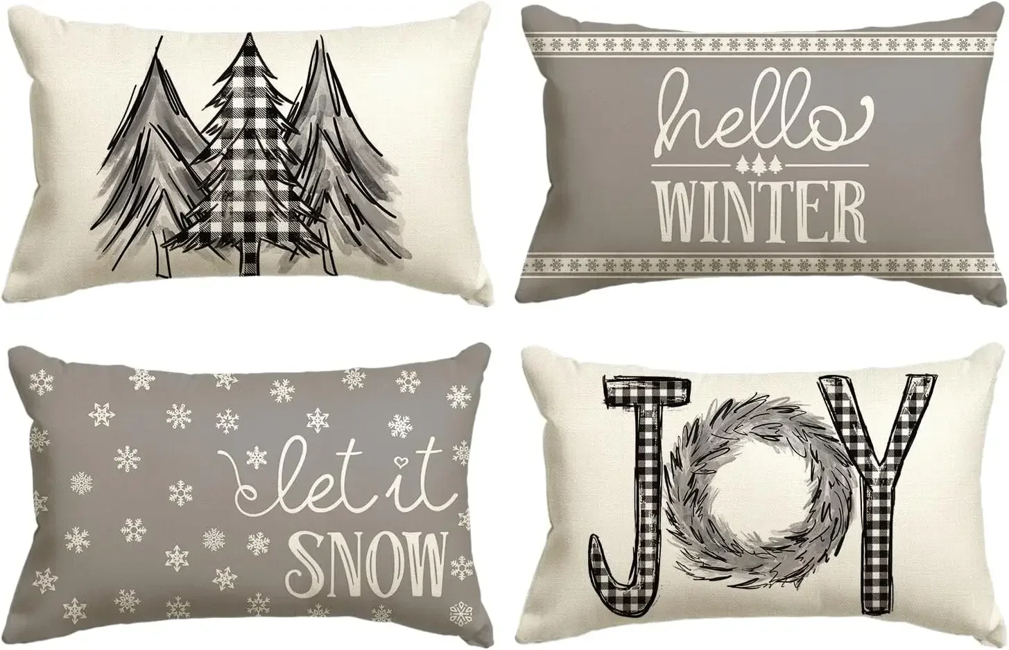 Merry Christmas Trees Mottos Gray Throw Pillow Covers,  Hello Winter Let it Snow Holiday Cushion Case Decoration for Sofa Couch