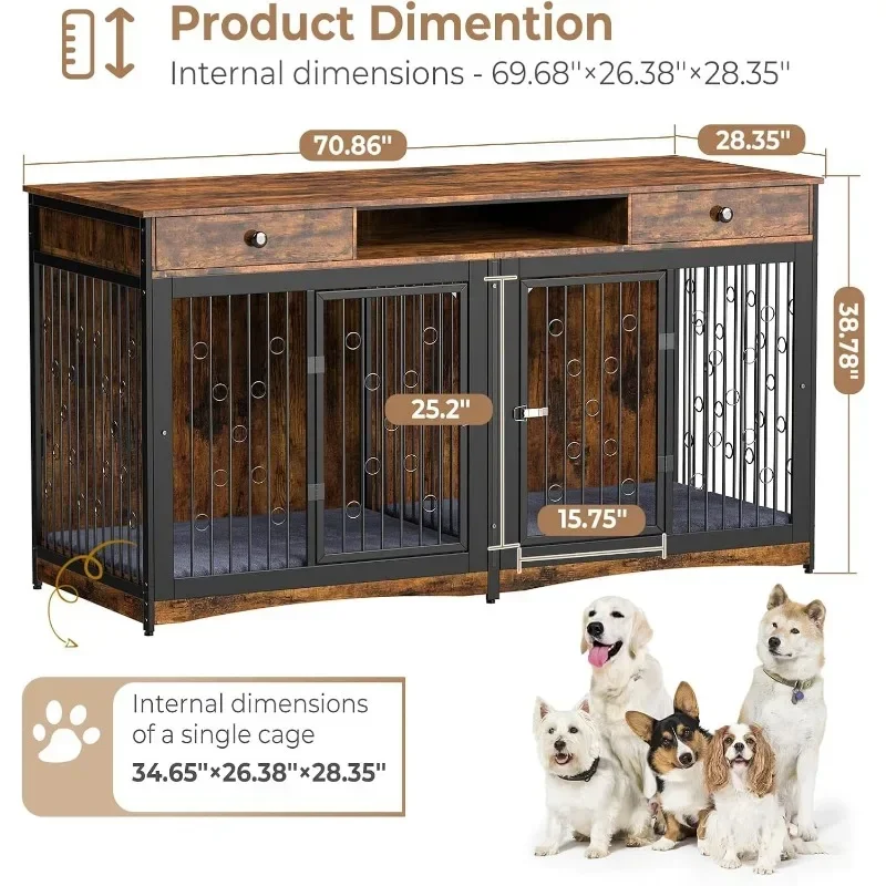 71'' Dog Crate Furniture for 2 Dogs, Wooden Double Dog Crate Large Breed with 2 Drawers, XXL Dog Kennel TV Stand End Table,Brown