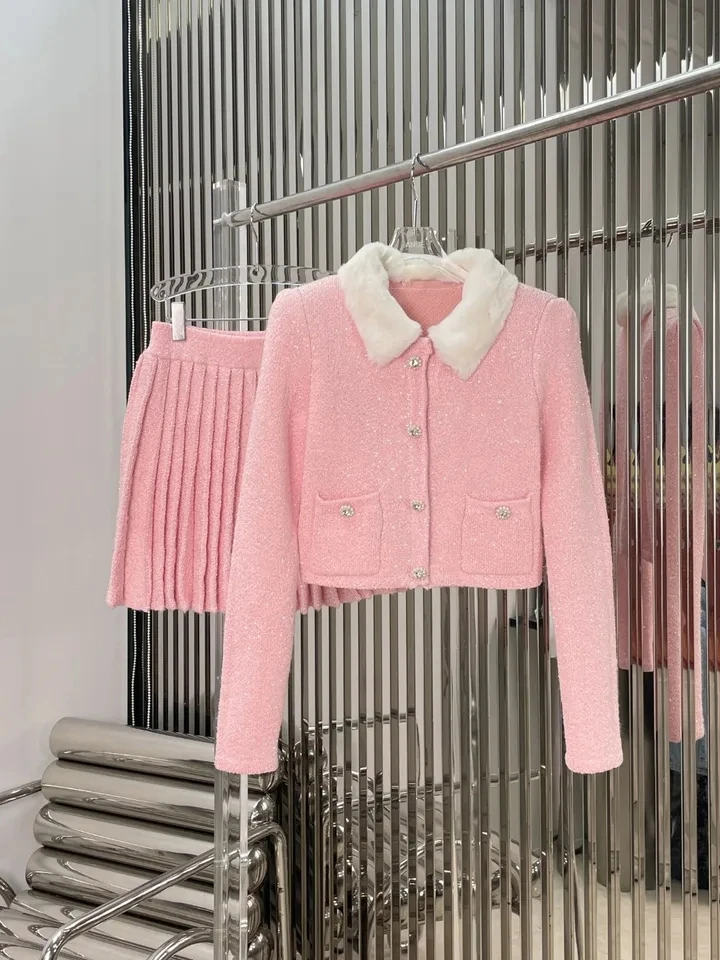 

2024 Spring Luxury fashion women Pink Casual Sweater Cardigans With Pleated Mini Skirt Suits Sets for Female