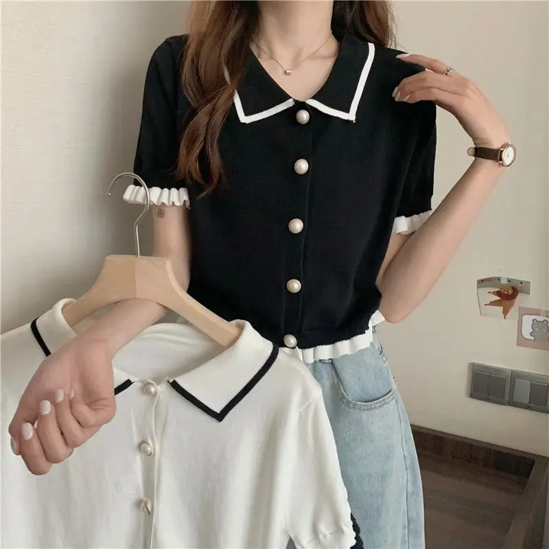 Women Knitting Button T-shirts Short Sleeve 2024 Summer Patchwork Tees Ladies Casual Loose Tops Female Vintage Polo Shirts