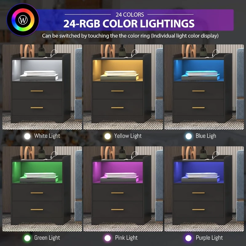 Black LED Nightstand with Charging Station Modern 24-Color RGB LED Lights Smart Lighted Black Bedside Table 2 Drawers Bedroom - view 3