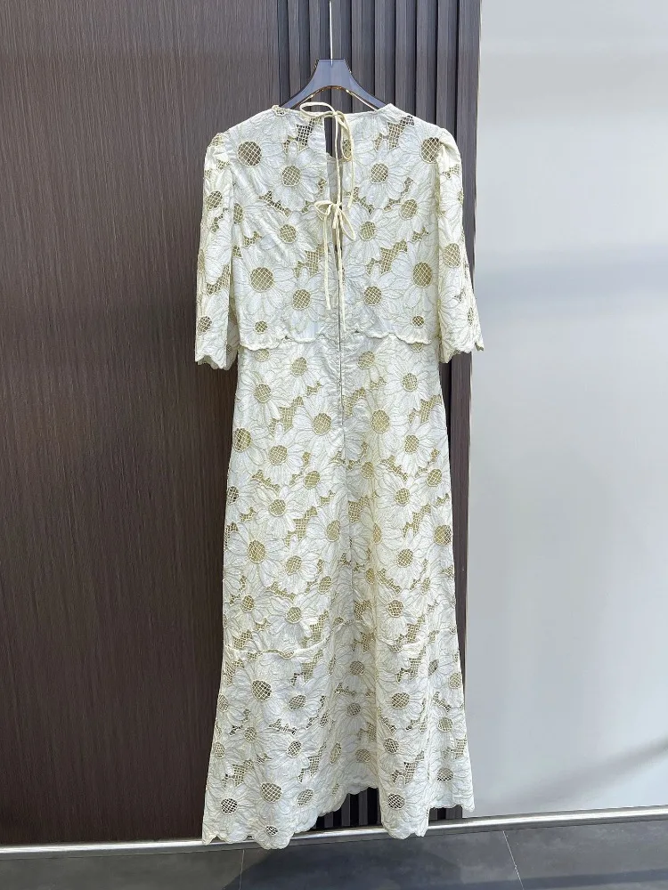 Elegant Summer Collection Vintage Women's Beige Sunflower Embroidery Hollow Out Half Petal Sleeve O-Neck Midi Dress 2024