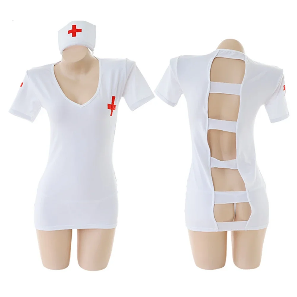 재미있는 란제리 여성의 새로운 섹시한 유니폼 매혹적인 속이 빈 딥 V 백 레스 나이트 클럽 롤 플레잉 장난 꾸러기 간호사 세트