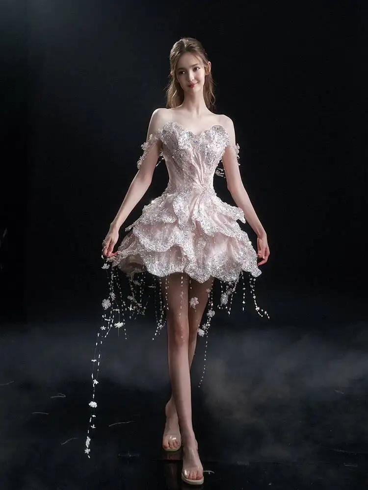 Gorgeous Solo Dance 2026 New Strapless Off-Shoulder Pink Short Dress Princess Style Sweet Engagement Bride Wedding Gown
