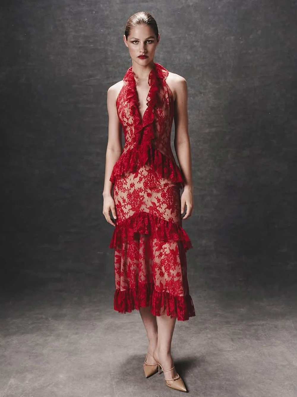 

Sexy Lace Midi Halter Dress Women Red Ruffle Backless Sleeveless Party Dresses 2025 Summer Lady Vacation Robes New