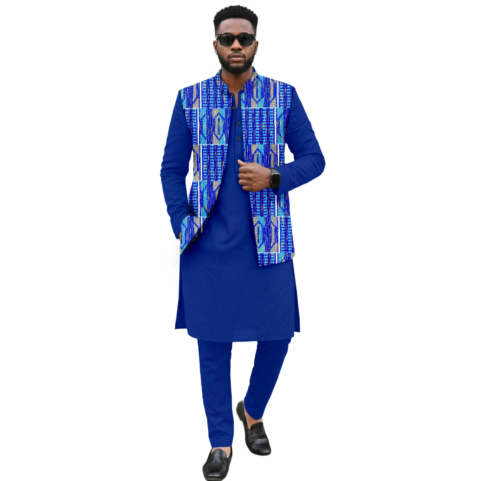 

African Suit for Men 3 Piece Clothing Set with Kente Print Vest, Dashiki Top and Pants for Wedding Party