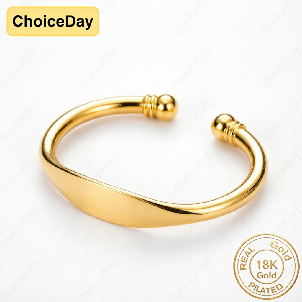 18K Gold Plated Delicate Glossy Flat Open Bangle for Women, Fashionable Party Gift, Wedding Jewelry