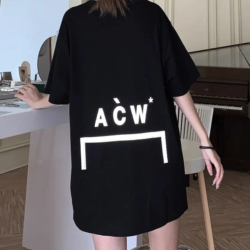 Men Women Streetwear Oversized Fashion T-Shirts Industrial Style Grid Reflective Logo ACW T Shirt Tee Top Black