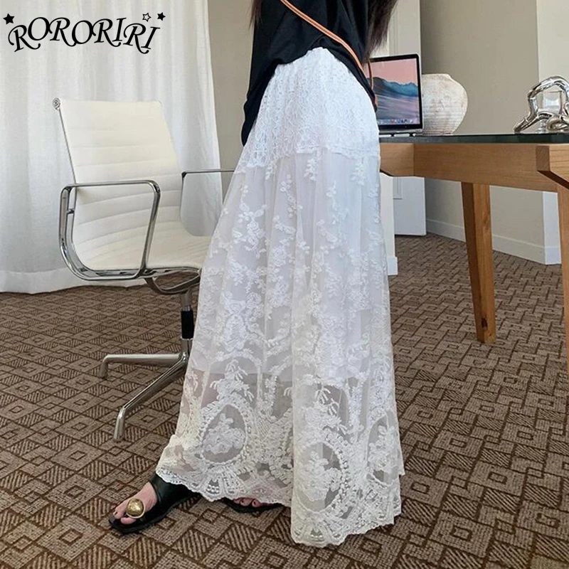 

RORORIRI Fairycore Women Lace Crochet Long Skirt Casual Plain Loose Elastic Waist Flowy A-line Maxi Skirt Korean Summer Clothes