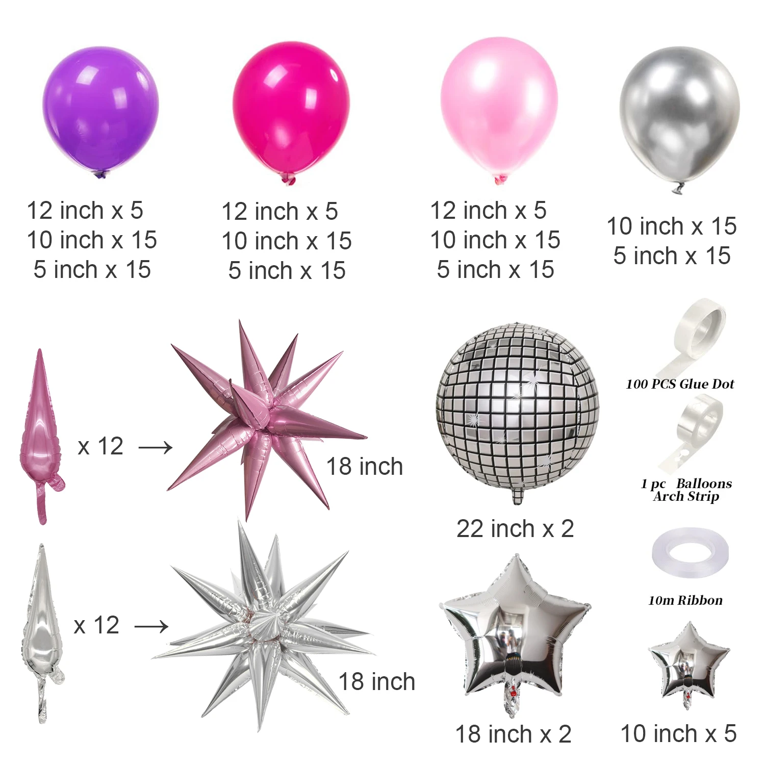 Pink Purple Silver Balloon Garland Arch Kit 171PCS Disco for Girl Sweet16 Princess Birthday Music Fans Concert Prom Mother's Day