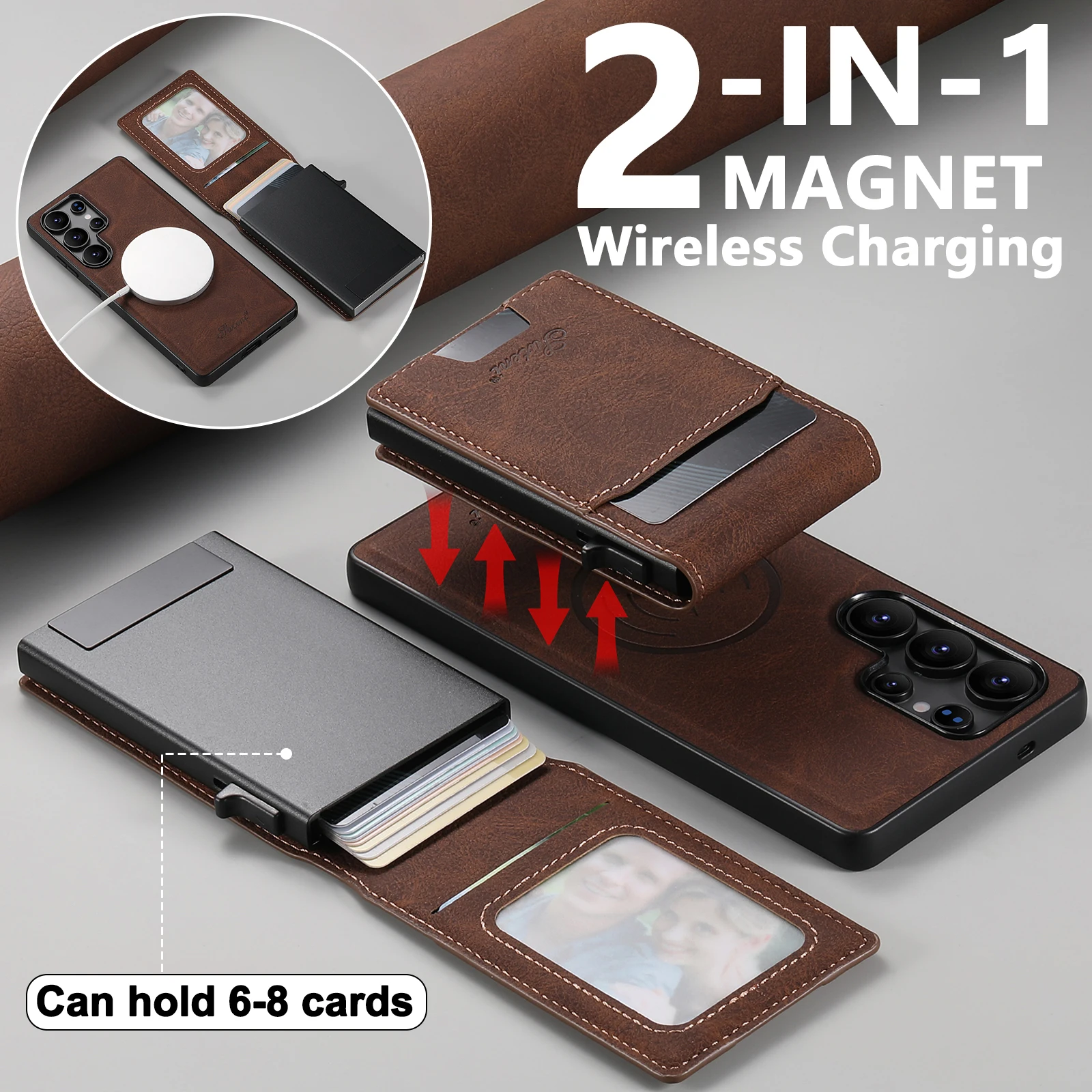 SUTENI Magnetic Wireless Charging  Phone Case Card Slot Luxury PU Leather Wallet Button Card Box For Samsung S26 Ultra S25 Plus